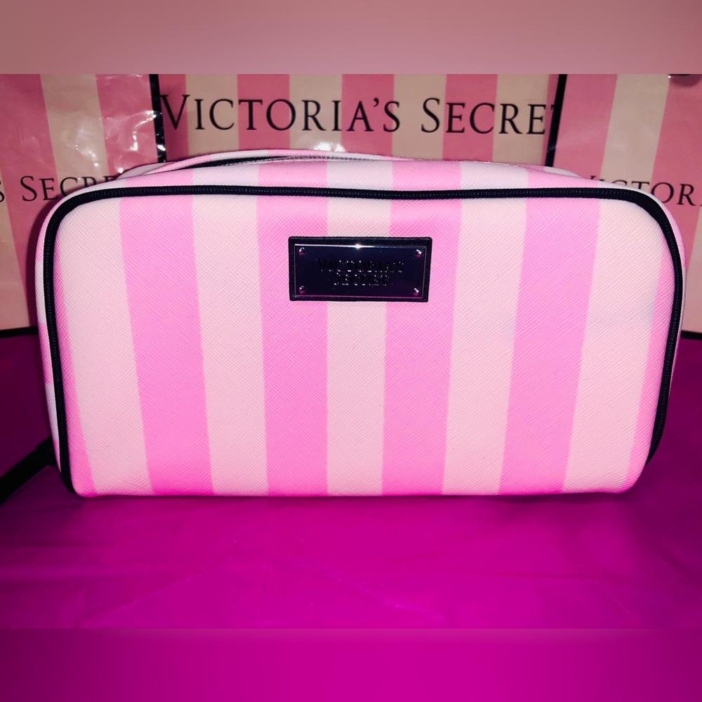 Victoria's Secret Pink & Light Pink Striped Cosmetic Case MakeUp Pencils Brushes